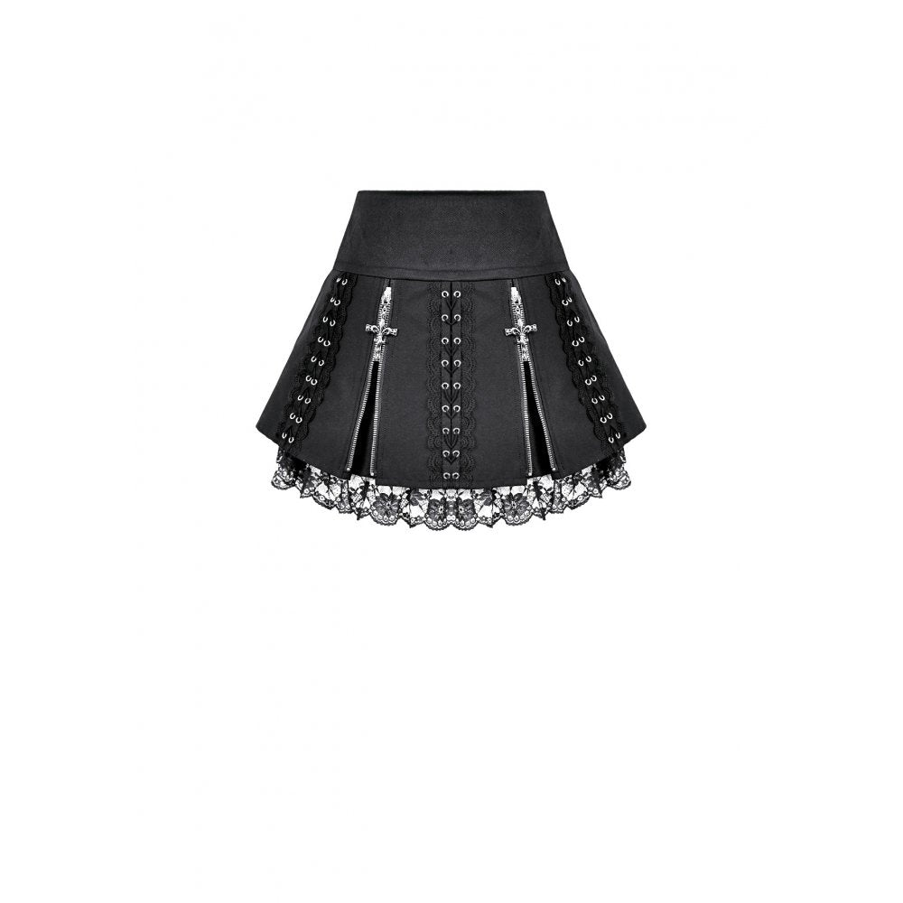 Schwarzer Mini-Rock Sacred Blade Requiem Skirt mit Reißverschlüssen, Kreuzanhängern und Spitzendetails von Dark In Love