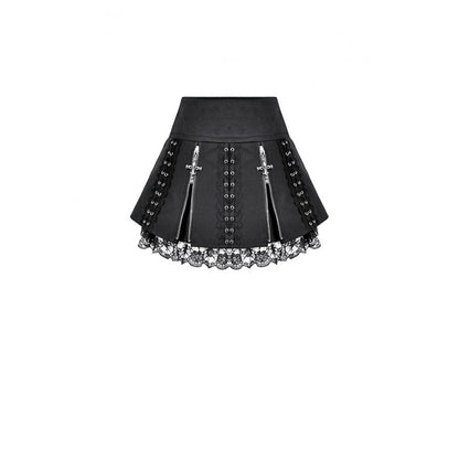Schwarzer Mini-Rock Sacred Blade Requiem Skirt mit Reißverschlüssen, Kreuzanhängern und Spitzendetails von Dark In Love