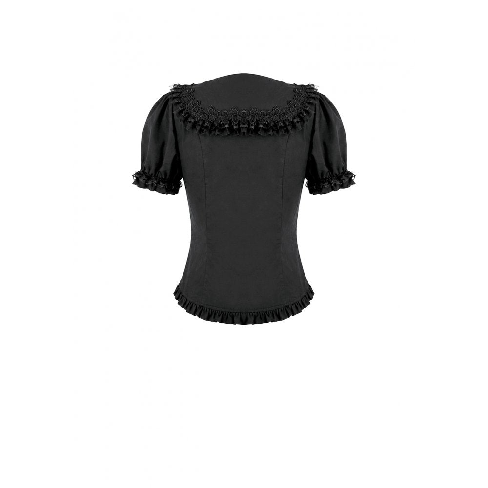 Schwarze, kurzärmlige Bluse Night Crown Doll Blouse mit Spitzenelementen und Puffärmeln von Dark In Love