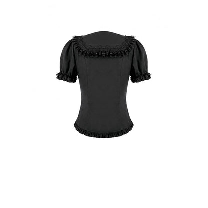 Schwarze, kurzärmlige Bluse Night Crown Doll Blouse mit Spitzenelementen und Puffärmeln von Dark In Love