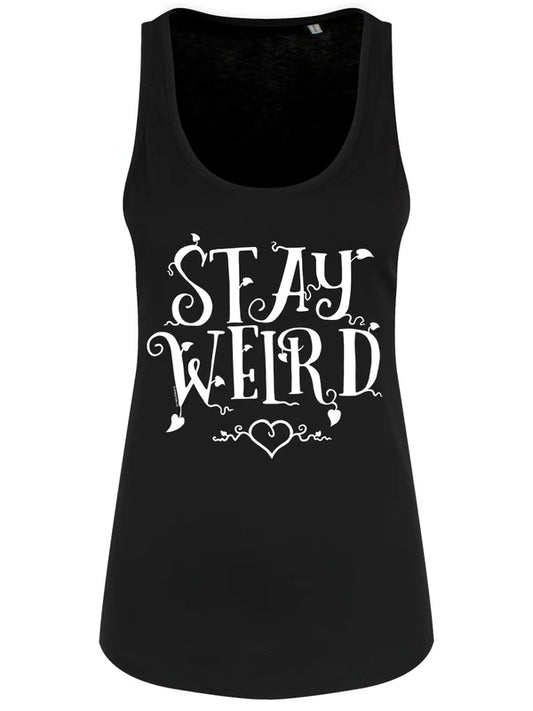 Schwarzes, tailliertes Stay Weird Floaty Tank mit weißem Schriftzug und kleinen, niedlichen Details