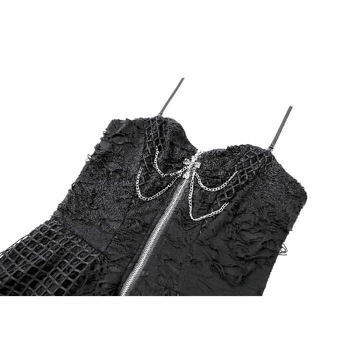 Schwarzes, kurzes Kleid Wasteland Fission Dress im Distressed-Look mit Zierketten und Kreuzanhänger von Dark In Love