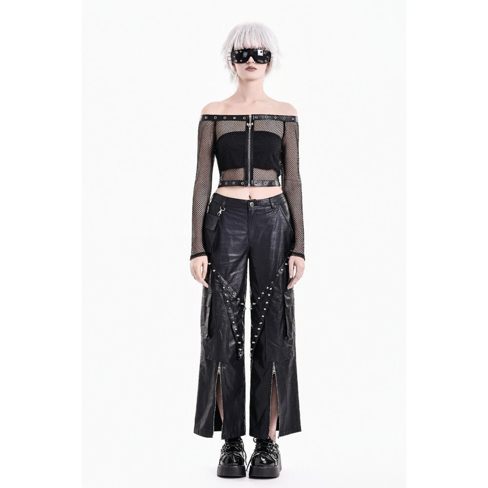 Schwarzes, schulterfreies Netzoberteil Mesh Matrix Fishnet Top mit Ösendetails und Reißverschluss von Dark In Love