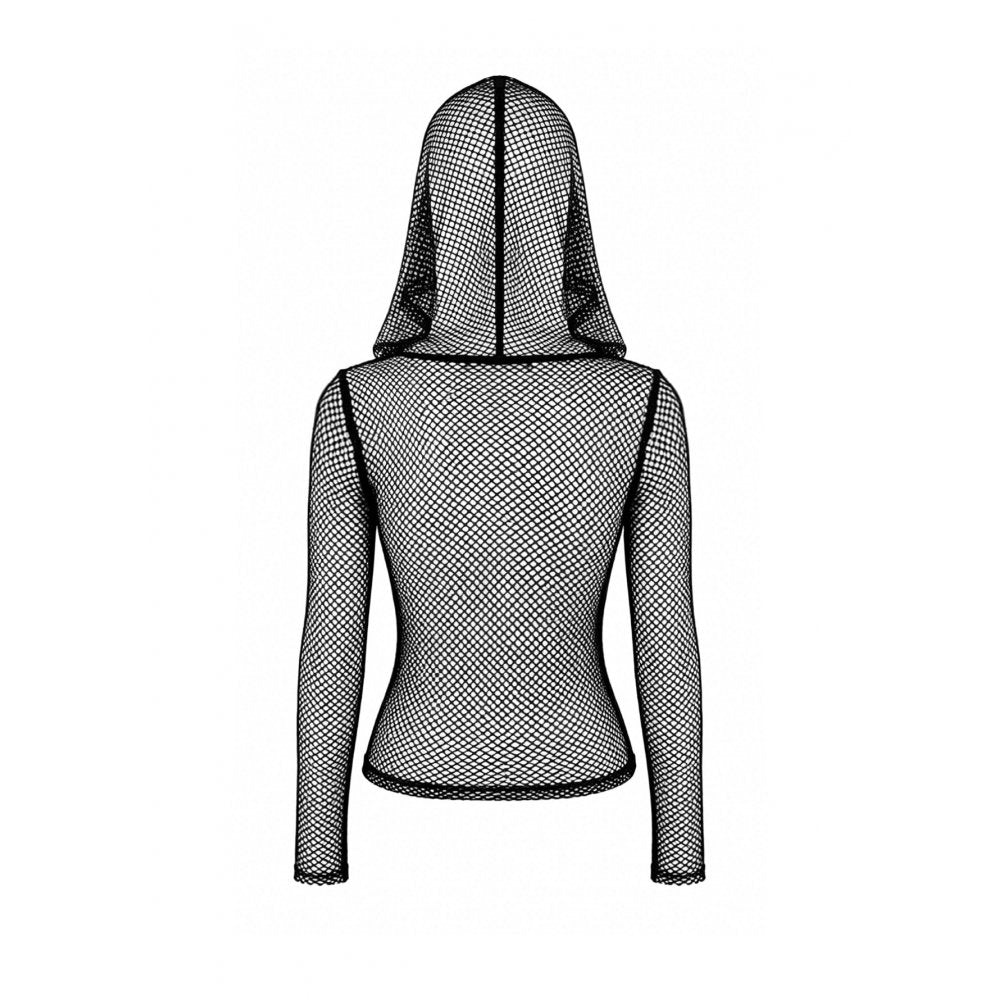 Schwarze Netzsweatshirtjacke Occult Matrix Mesh Hoodie mit Kunstledereinsätzen und Kreuzreißverschluss von Dark In Love