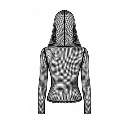 Schwarze Netzsweatshirtjacke Occult Matrix Mesh Hoodie mit Kunstledereinsätzen und Kreuzreißverschluss von Dark In Love