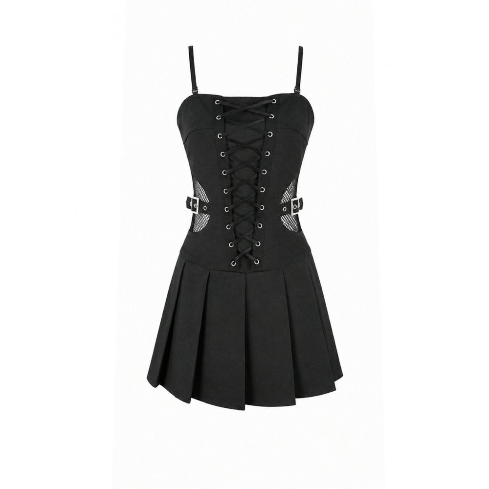Schwarzes, kurzes Kleid Void Shackle Dress mit seitlichen Netzeinsätzen und Schnallendetails von Dark In Love