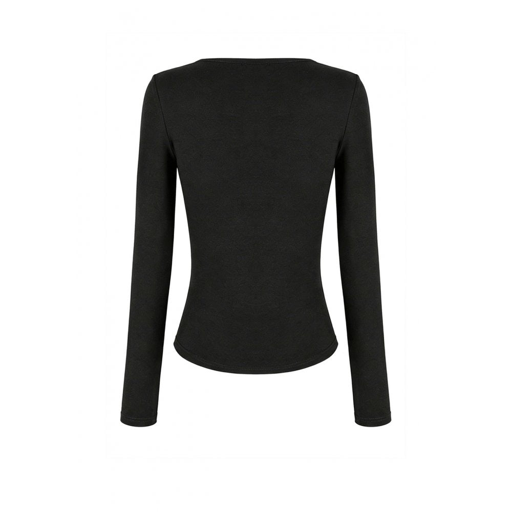 Schwarzes, langärmliges Oberteil Steel-Bonded Tendril Top mit Schnürungen vorne und Kunstlederdetails von Dark In Love
