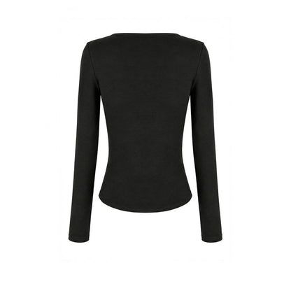 Schwarzes, langärmliges Oberteil Steel-Bonded Tendril Top mit Schnürungen vorne und Kunstlederdetails von Dark In Love