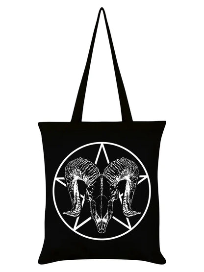 Schwarzer Stoffbeutel Ram Skull Pentagram Tote Bag mit Pentagram- und Ziegenschädelprint