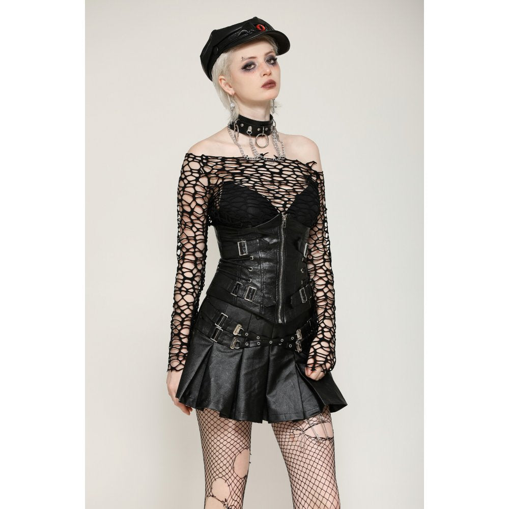 Schwarzes, vielseitiges Shirt Distressed Mesh Shirt im Used-Look von Dark In Love