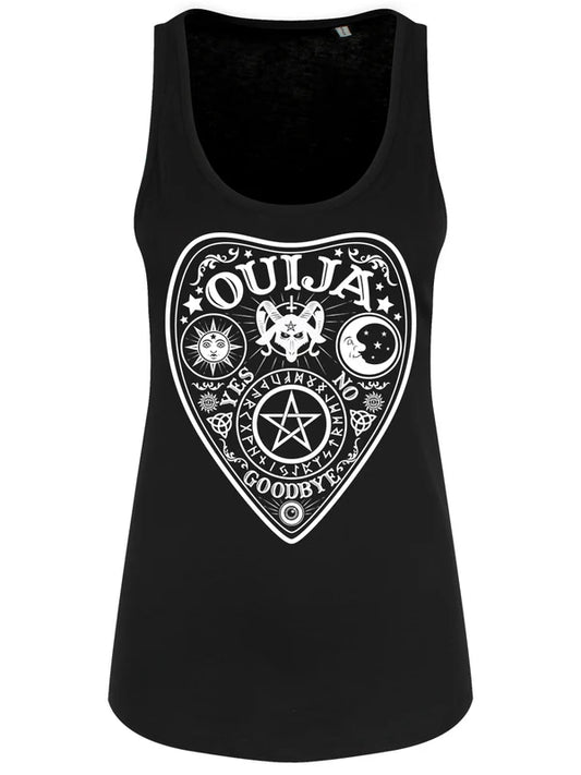 Schwarzes, tailliertes Mystic Ouija Floaty Tank mit weißem Planchettenprint und vielen Ouija-Details