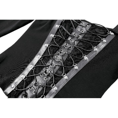 Schwarzes, langärmliges Oberteil Steel-Bonded Tendril Top mit Schnürungen vorne und Kunstlederdetails von Dark In Love