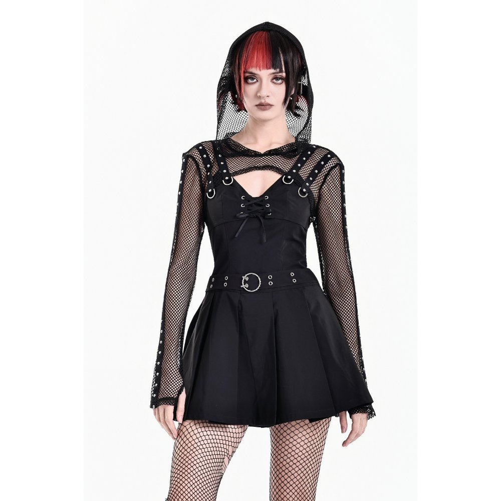 Schwarzes Oberteil Fishnet Spike Bolero aus Netzstoff mit Nietendetails und Netzkapuze von Dark In Love