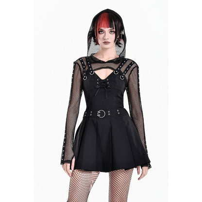 Schwarzes Oberteil Fishnet Spike Bolero aus Netzstoff mit Nietendetails und Netzkapuze von Dark In Love