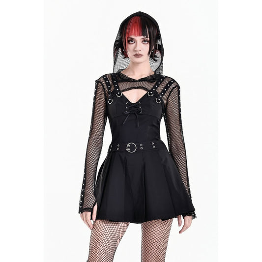 Schwarzes Oberteil Fishnet Spike Bolero aus Netzstoff mit Nietendetails und Netzkapuze von Dark In Love