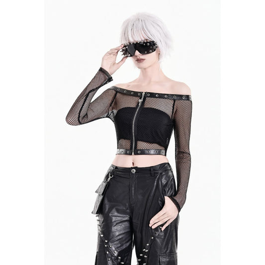 Schwarzes, schulterfreies Netzoberteil Mesh Matrix Fishnet Top mit Ösendetails und Reißverschluss von Dark In Love