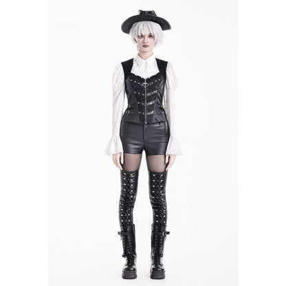 Schwarzes, enges Oberteil Crucifix Armor Corset Top mit Kreuzereißverschluss und nietenbesetzten Riemen von Dark In Love
