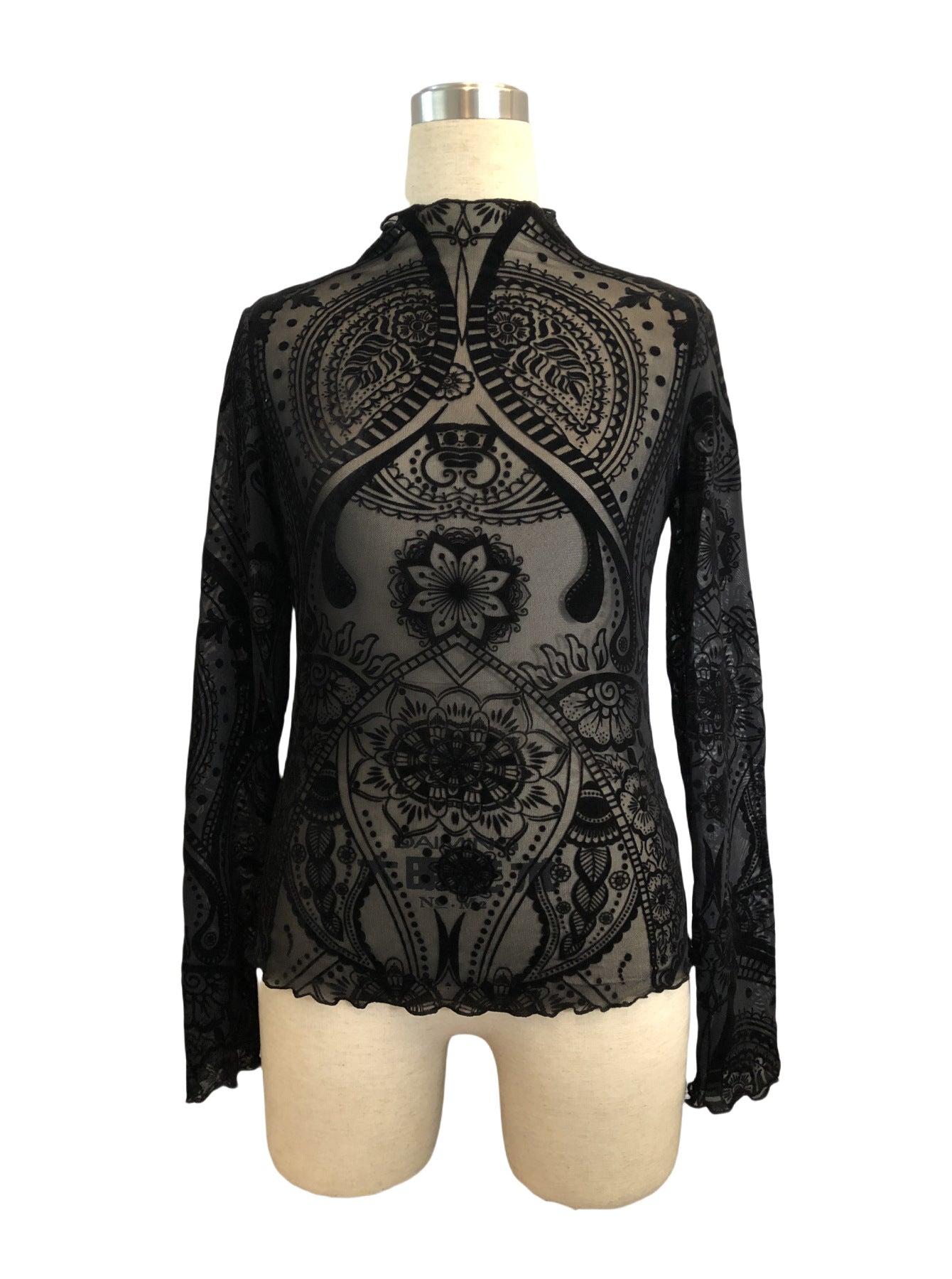Schwarzes, langärmliges Oberteil Tattoo Mesh Top mit detailliertem Print von Moon Attic
