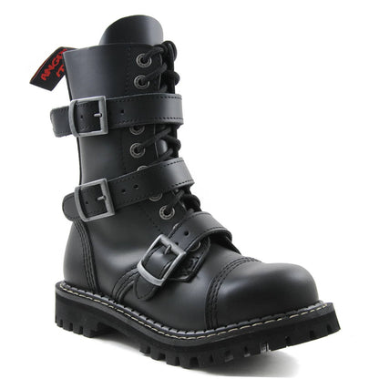 Schwarzer 10-Loch-Stiefel aus Leder mit drei Schnallen um den Schuh