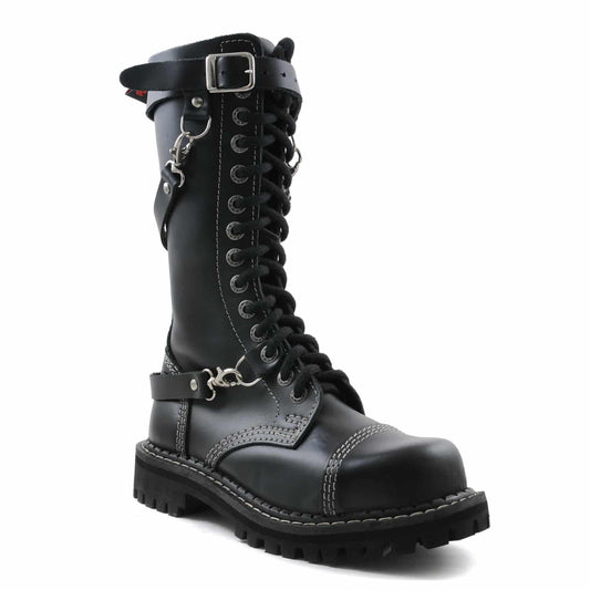 Schwarzer 14-Loch-Stiefel aus Leder mit drei Riemen um den Schuh
