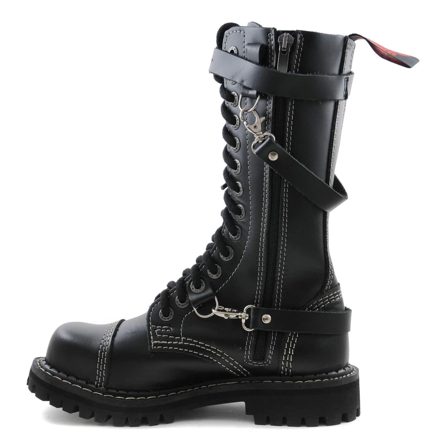 Schwarzer 14-Loch-Stiefel aus Leder mit drei Riemen um den Schuh mit innenliegendem Reißverschluss
