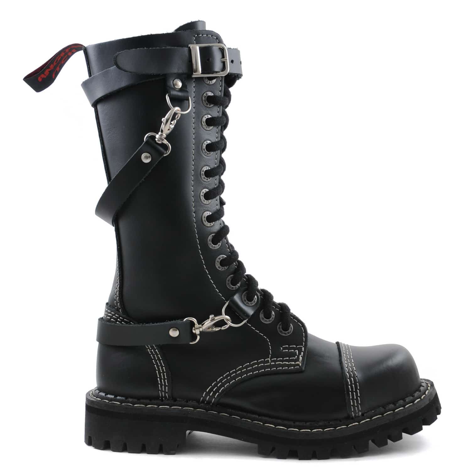 Seitenansicht: Schwarzer 14-Loch-Stiefel aus Leder mit drei Riemen um den Schuh