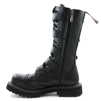 Schwarzer 14-Loch-Stiefel aus Leder mit innenliegendem Reißverschluss