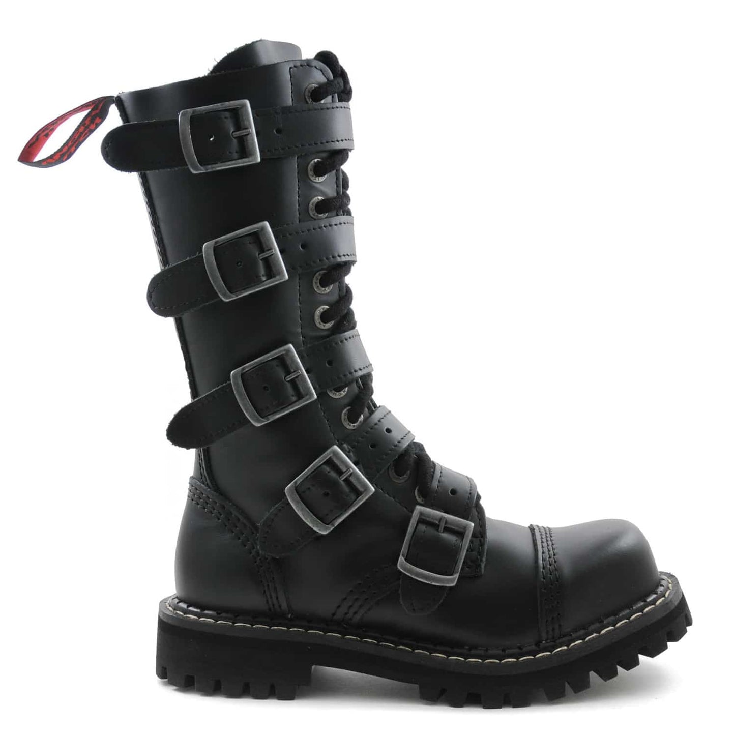 Schwarzer 14-Loch-Stiefel aus Leder mit fünf Schnallen um den Schuh