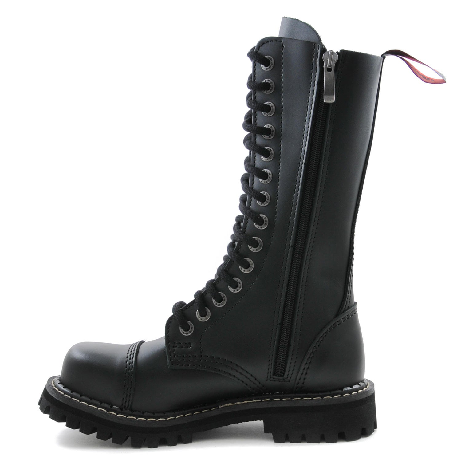 Schwarzer 14 Loch-Stiefel aus Leder mit innenliegendem Reißverschluss