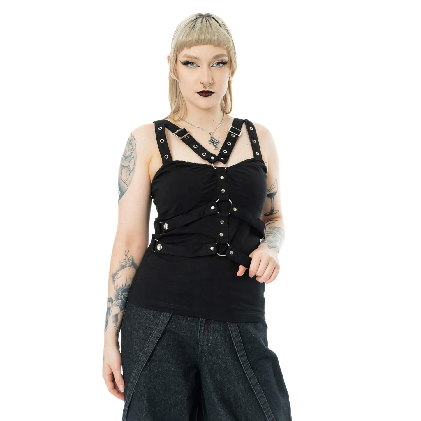 Schwarzes Oberteil AMARANTH TOP mit Zierriemen von Poizen Industries