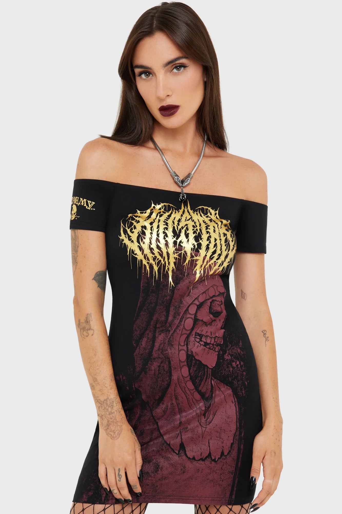 Schwarzes Kleid Arcane Rituals Mini Dress mit Skelett Print von Killstar
