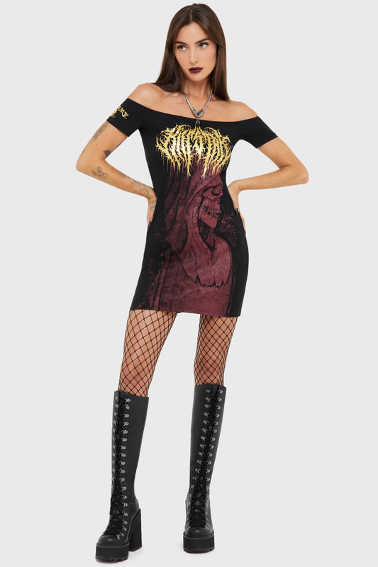 Schwarzes Kleid Arcane Rituals Mini Dress mit Skelett Print von Killstar