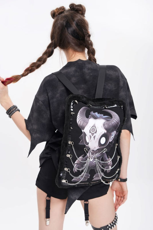 Schwarzer Rucksack Zombie Boy Backpack im Kawaii-Gothic-Stil mit schwarzem Kunstpelz und grafischem Charakterprint von Devil Fashion