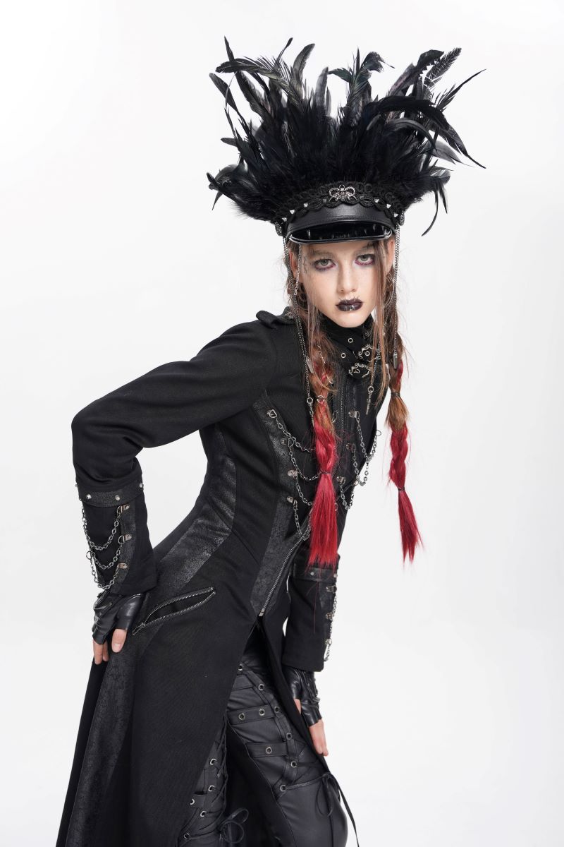 Schwarze Gothic-Schirmmütze Deviant Diva Hat mit Federn von Devil Fashion