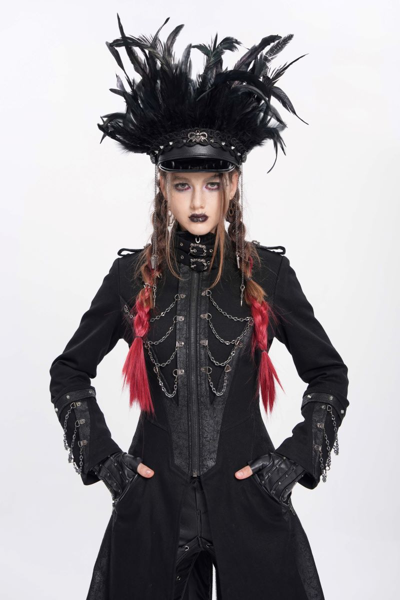 Schwarze Gothic-Schirmmütze Deviant Diva Hat mit Federn von Devil Fashion