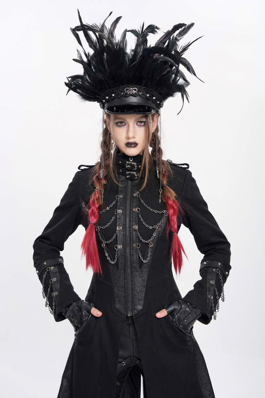 Schwarze Gothic-Schirmmütze Deviant Diva Hat mit Federn von Devil Fashion