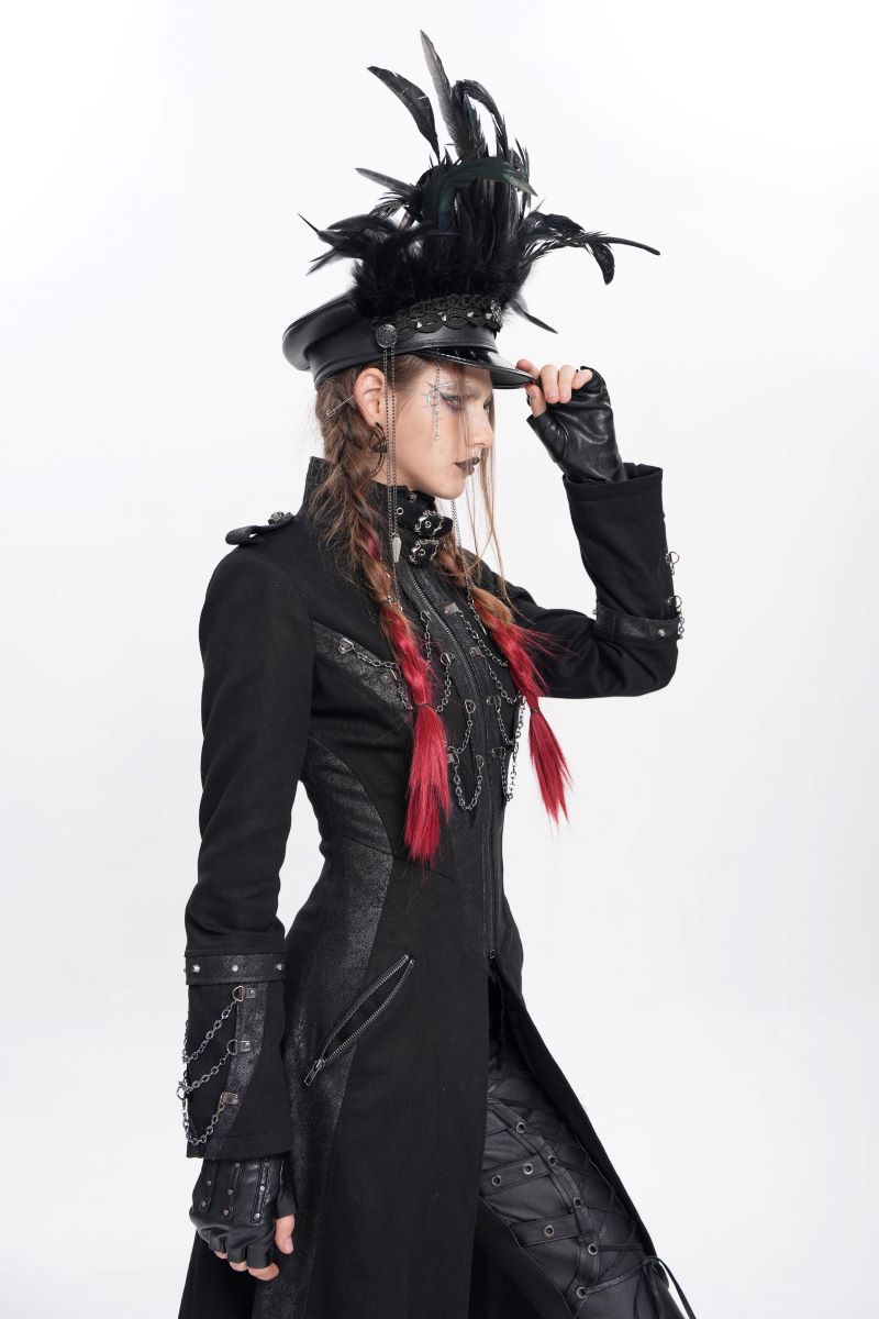 Schwarze Gothic-Schirmmütze Deviant Diva Hat mit Federn von Devil Fashion