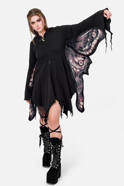 Schwarzer Mantel ASHIRA MOTH HOOD mit Mottenflügeln unter den Armen von Restyle