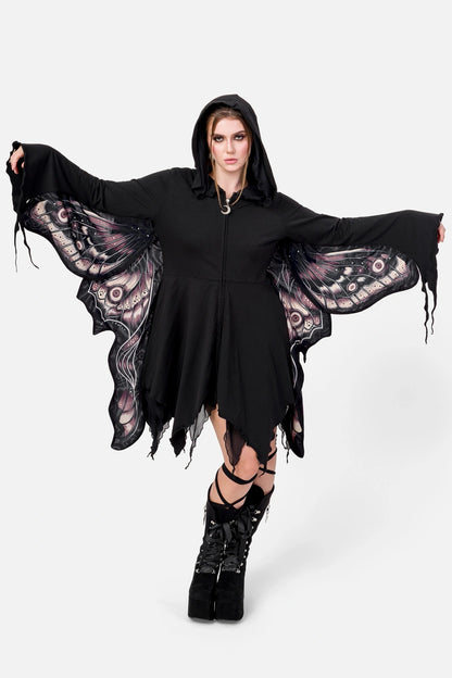 Schwarzer Mantel ASHIRA MOTH HOOD mit Mottenflügeln unter den Armen von Restyle
