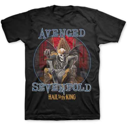 Lizensiertes Avenged Sevenfold Deadly Rule Bandshirt mit auf Thron sitzendem Skelett-Print und Hail To The King-Aufschrift