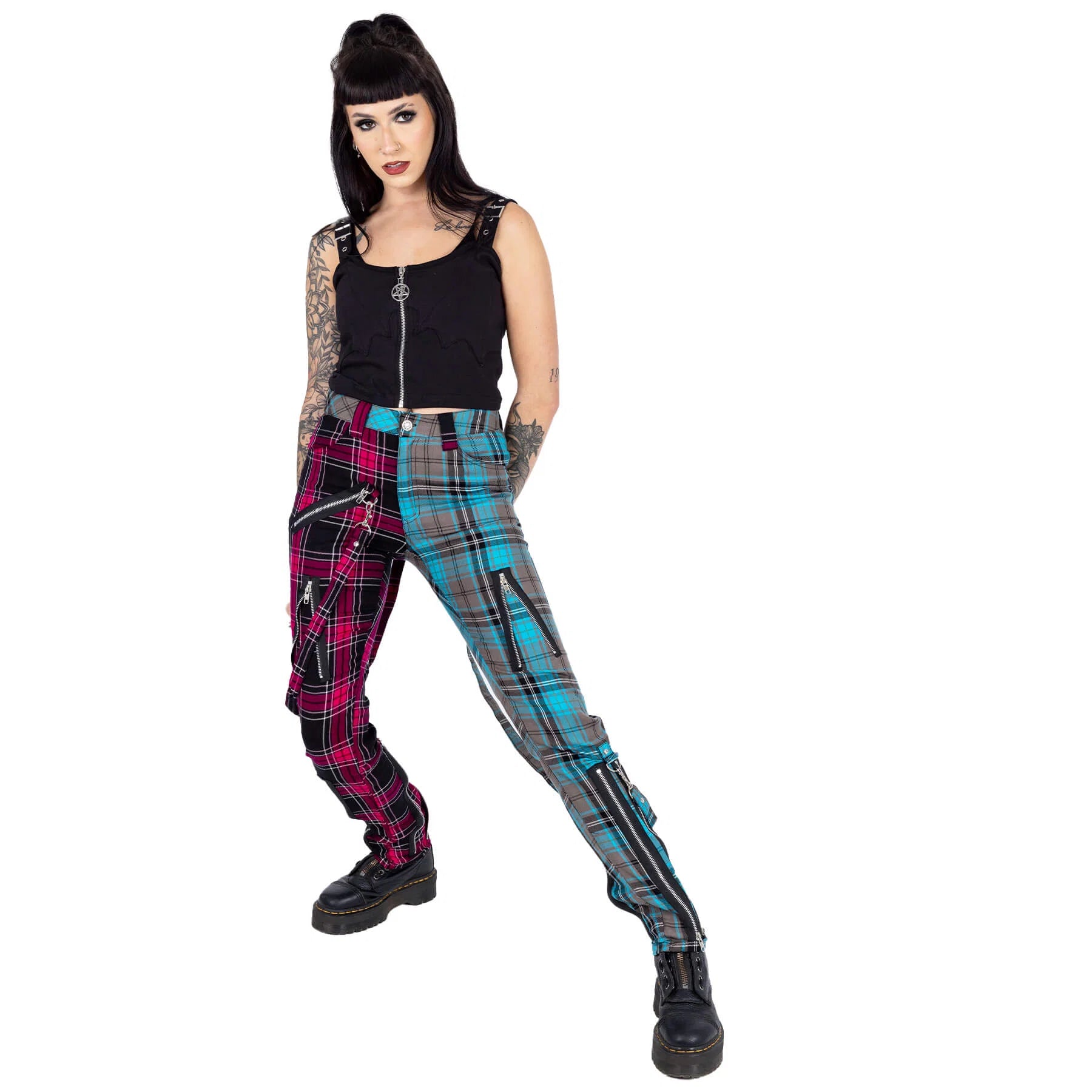 Pink/Blaue Hose AZARIA PANTS mit Riemenapplikationen und Zierreißverschlüssen von Chemical Black