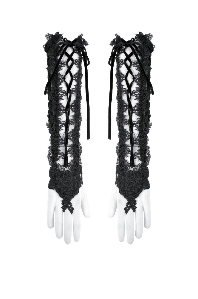 Schwarze Armstulpen Aletheia Lace Gloves aus Samt mit Spitzendetails von Dark In Love