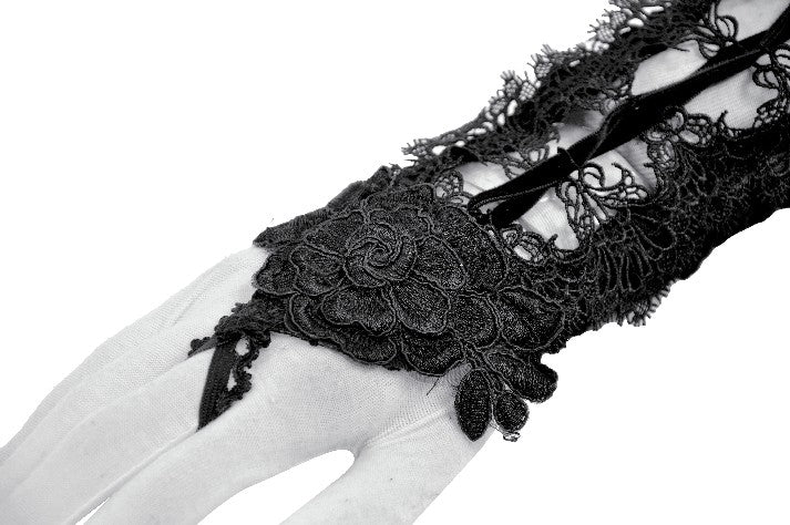 Schwarze Armstulpen Aletheia Lace Gloves aus Samt mit Spitzendetails von Dark In Love