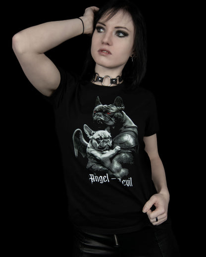 Schwarzes Oberteil Angel Devil Shirt mit Hundeprint von Tributica