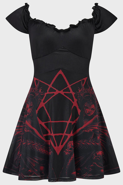 Schwarzes Kleid Atargatis Mini Dress mit okkultem Print von Killstar