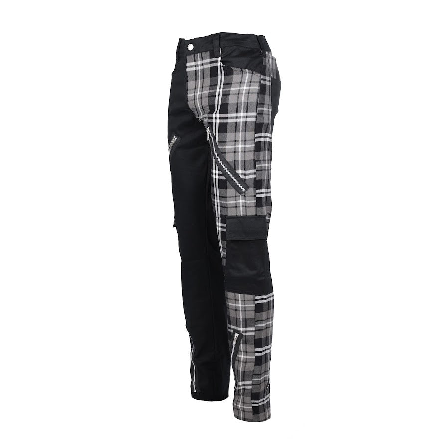 Schwarz-graue Hose Freak Pants Grey Tartan mit zwei verschiedenen Hosenbeinen und vielen Details von Black Pistol