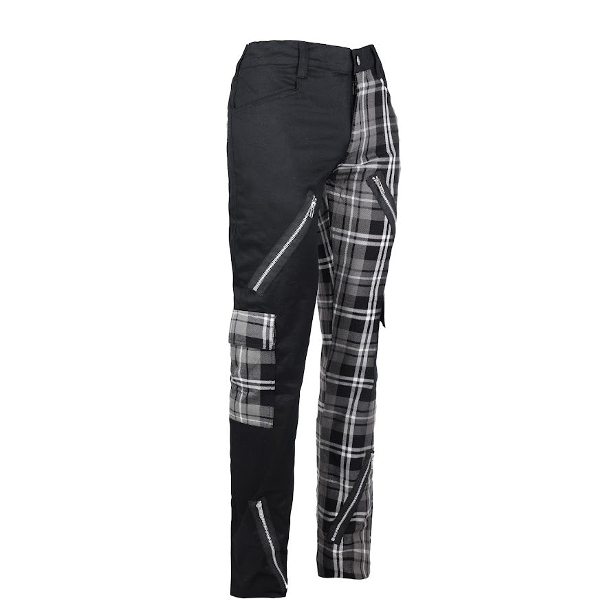 Schwarz-graue Hose Freak Pants Grey Tartan mit zwei verschiedenen Hosenbeinen und vielen Details von Black Pistol