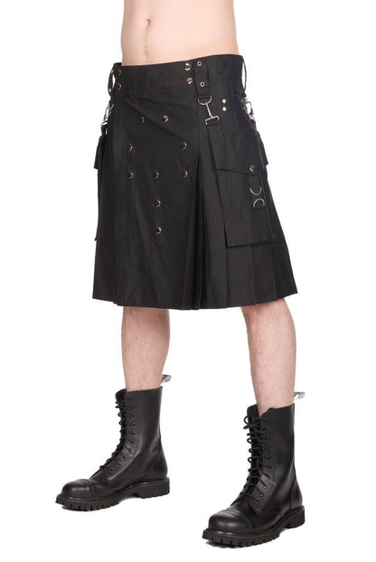 Schwarzer Kilt Button Kilt Denim mit Nieten, Ösen und abnehmbarer Tasche von Black Pistol