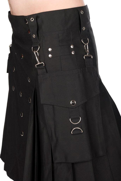 Schwarzer Kilt Button Kilt Denim mit Nieten, Ösen und abnehmbarer Tasche von Black Pistol