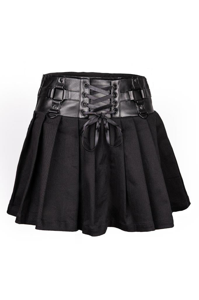 Rückseite schwarzer Rock Hells Mini Skirt mit Kunstlederpentagramm von Black Pistol